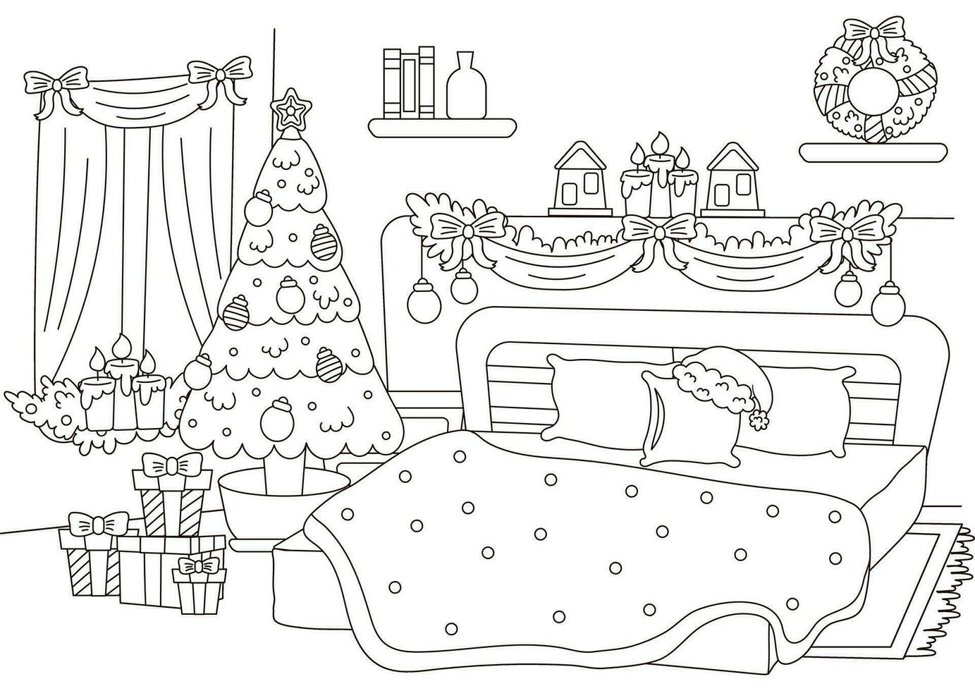 Navidad interior interior de dormitorio con Navidad árbol y decoraciones, vector