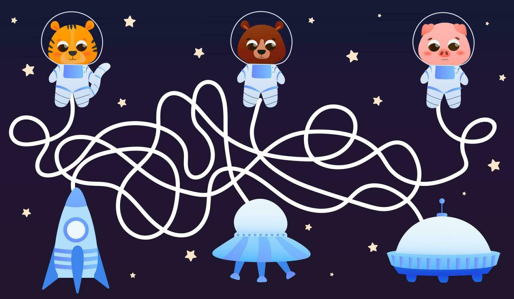 infantil laberinto juego, ayuda encontrar camino animales a su naves espaciales, galaxia explorador tema en dibujos animados estilo vector