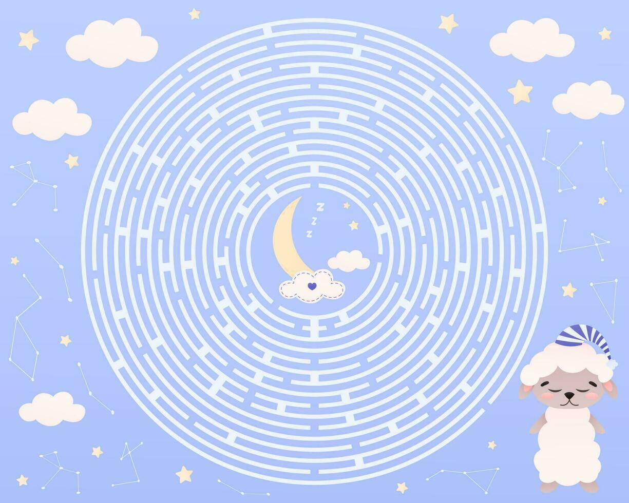 Circle maze for kids, sleeping concept, help cute sheep find way to moon, sweet dreams, good night, stars, clouds vector