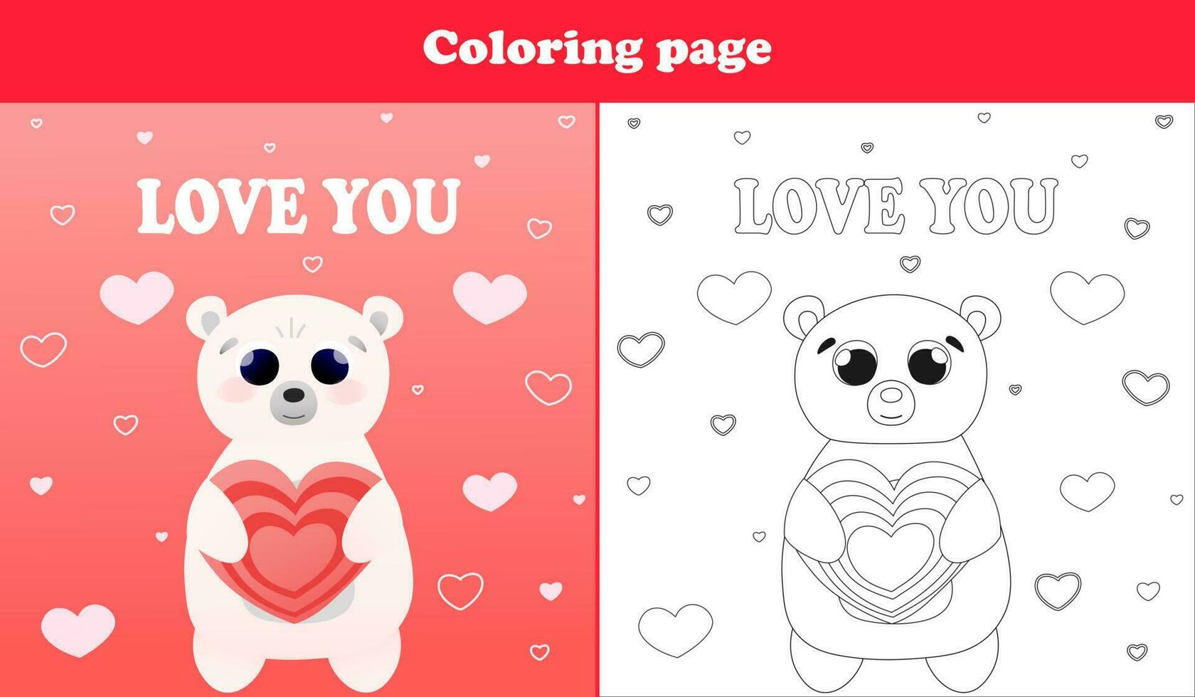 imprimible hoja de cálculo con colorante página para enamorado día con linda oso personaje participación corazón caramelo y amor texto vector