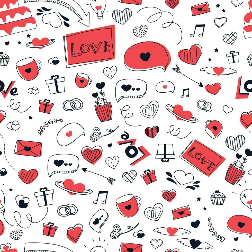 Love seamless pattern with black and red icons for valentine day or wedding in doodle style for greeting cards or textile, love you lettering vector