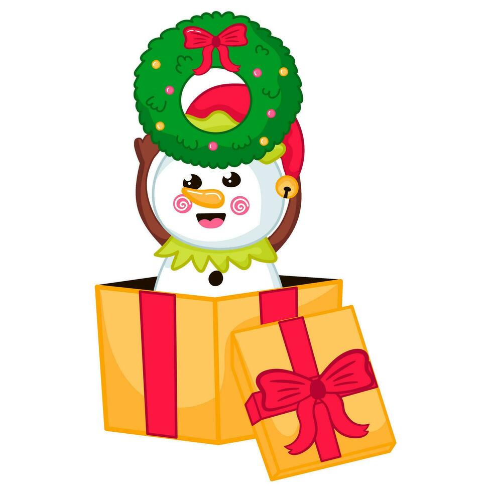 Cute snowman character in elf costume holding christmas wreath sitting in gift box in cartoon style vector