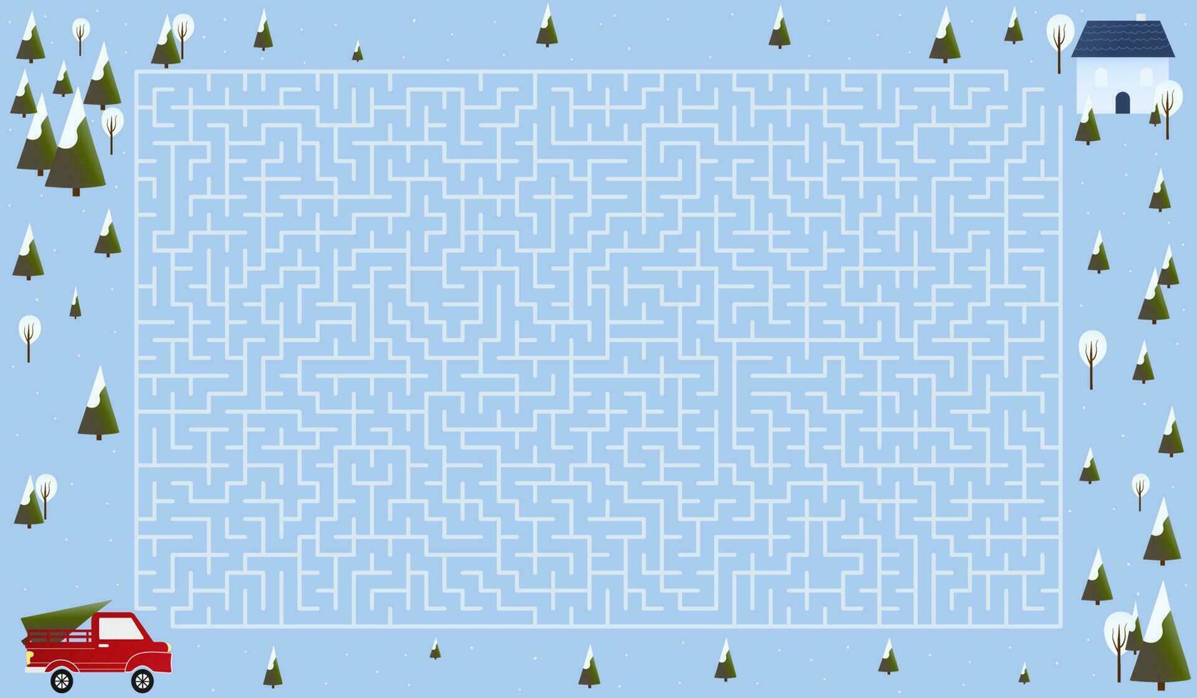 Christmas maze, help to find right way truck with christmas tree to house, big labyrinth for kids and adults, children book quiz, happy holidays, riddle on blue background in cartoon style vector