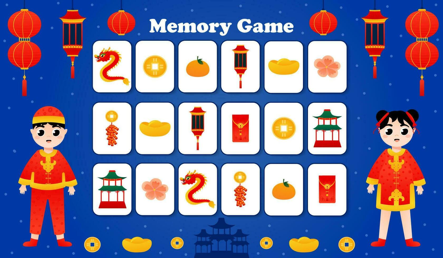 memoria juego para niños con lunar nuevo año elementos concepto, imprimible hoja de cálculo para niño es dibujos animados estilo, niña y chico en tradicional chino disfraces en oscuro azul antecedentes vector