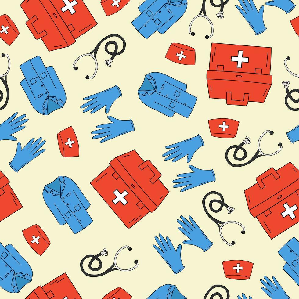 Seamless pattern with the image of a medical gown, a nurse hat, a stethoscope and a medical suitcase on a yellow background vector