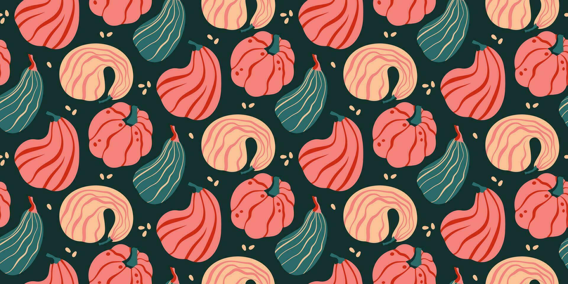 Seamless pattern with hand drawn pumpkins and seeds on dark background. Autumn, fall, thanksgiving decoration. vector