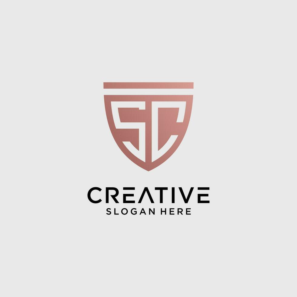 Creative style sc letter logo design template with shield shape icon vector