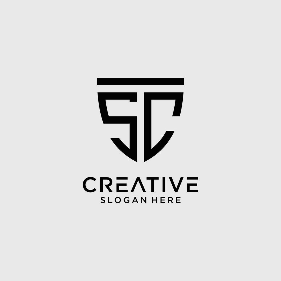Creative style sc letter logo design template with shield shape icon vector