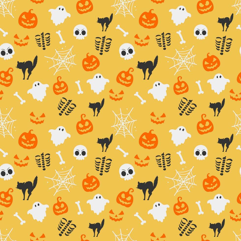 Halloween seamless pattern with ghosts skeleton pumpkins cats and spiderwebs on yellow background vector