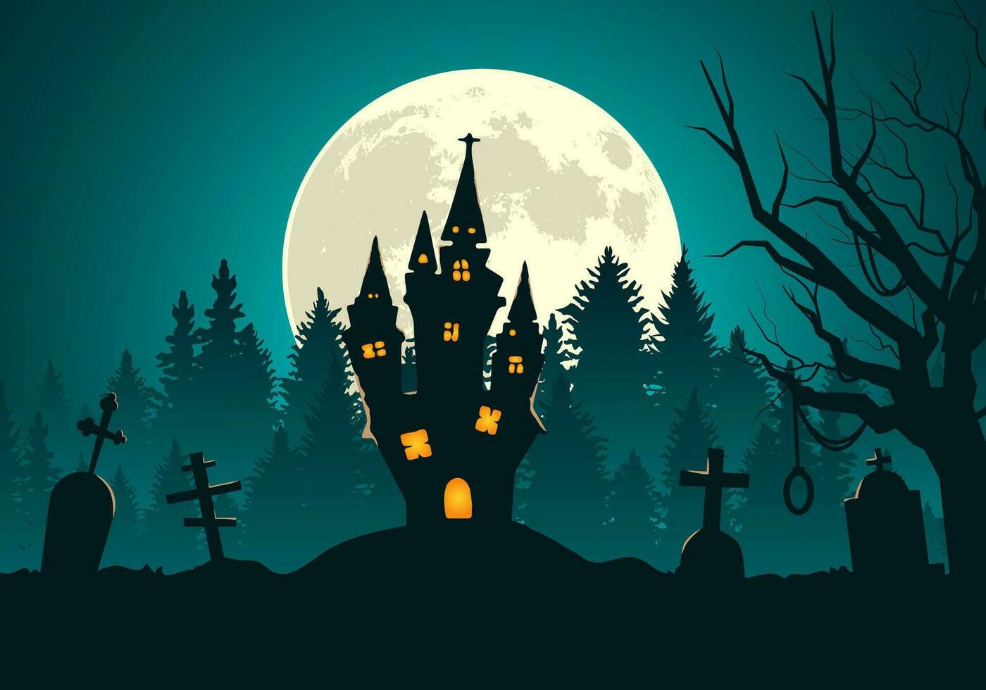 Happy halloween background with spooky scary forest at night tombstone and Scary castle vector