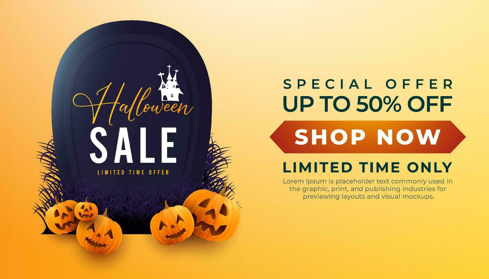 Happy halloween sale banner background with with big tombstone and pumpkins on yellow background vector