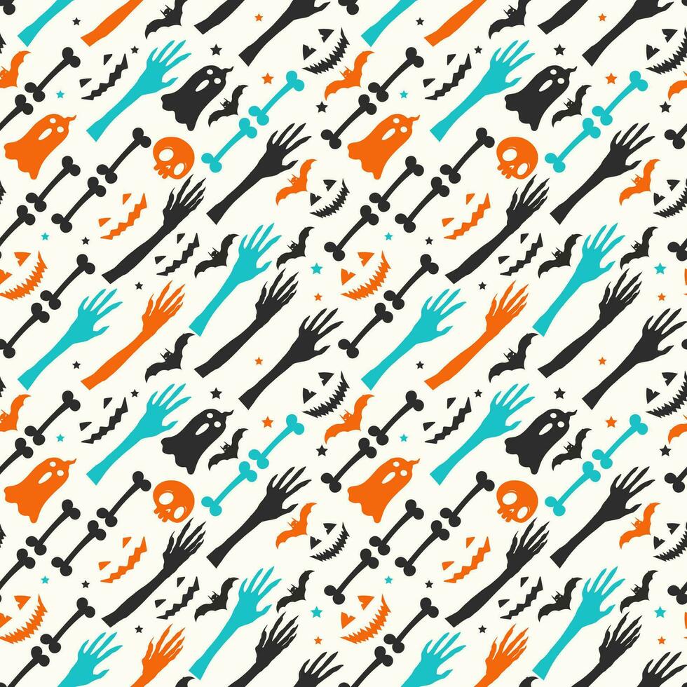 Halloween colorful seamless flat pattern with pumpkins flying bats scary face ghost and skulls vector