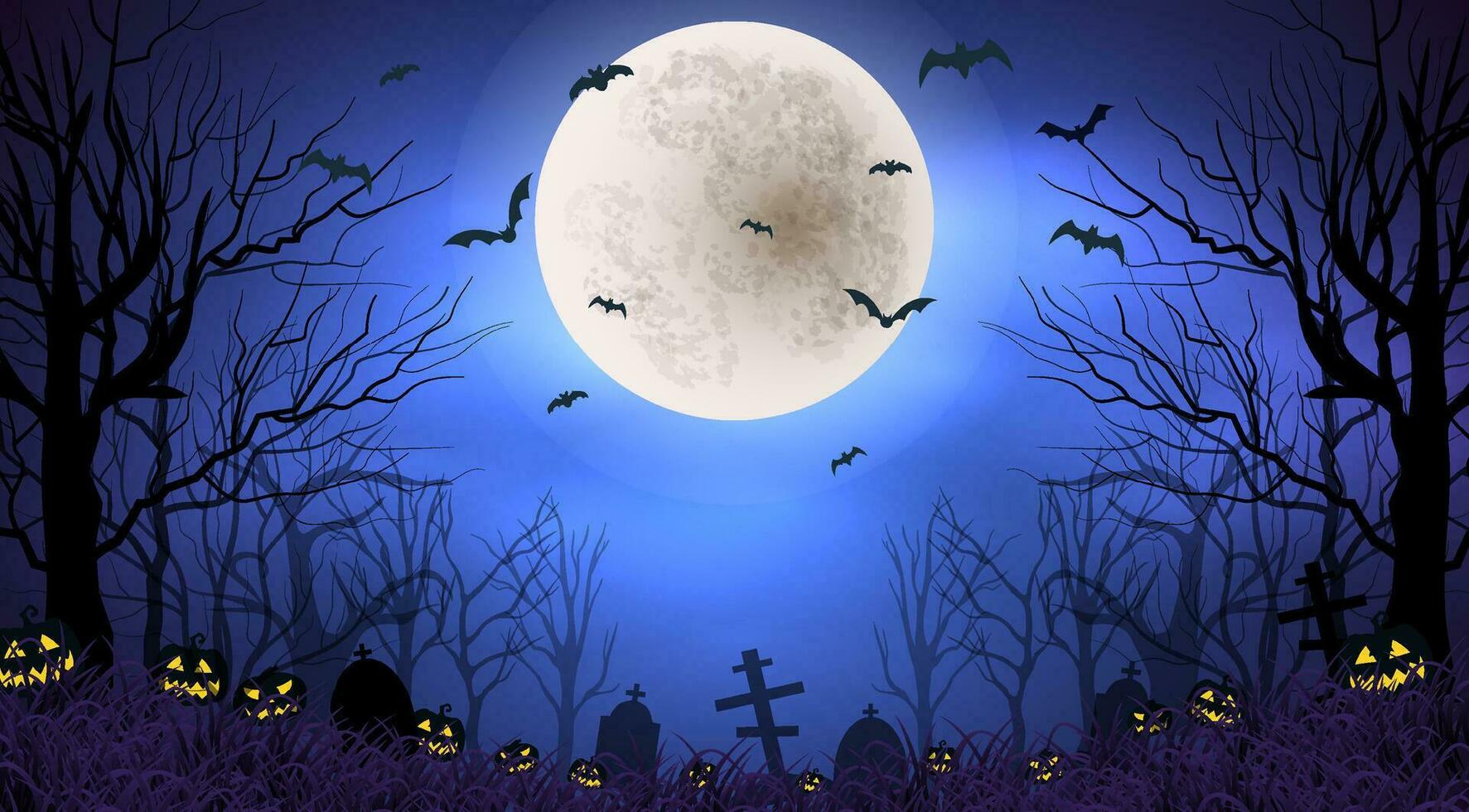 Víspera de Todos los Santos escalofriante antecedentes ilustración con antiguo cementerio noche y un lleno Luna con volador murciélagos vector