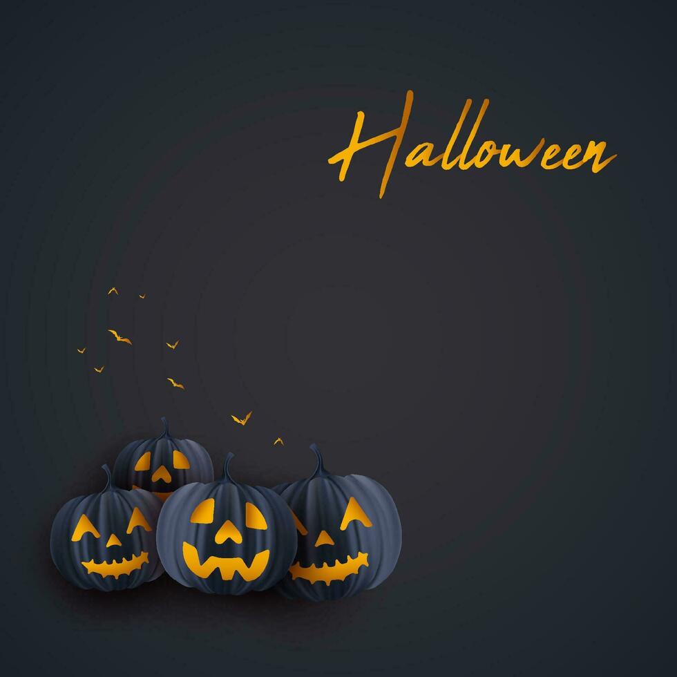 Happy halloween dark card background illustration with realistic pumpkin face and flying bats vector