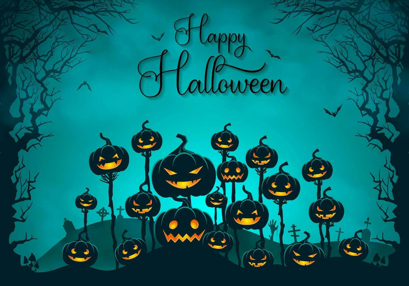 Halloween background with glowing pumpkins in a scary landscape and creepy dead leafless tree vector