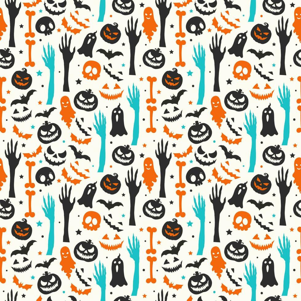 Halloween colorful seamless flat pattern with pumpkins flying bats scary face ghost and skulls vector