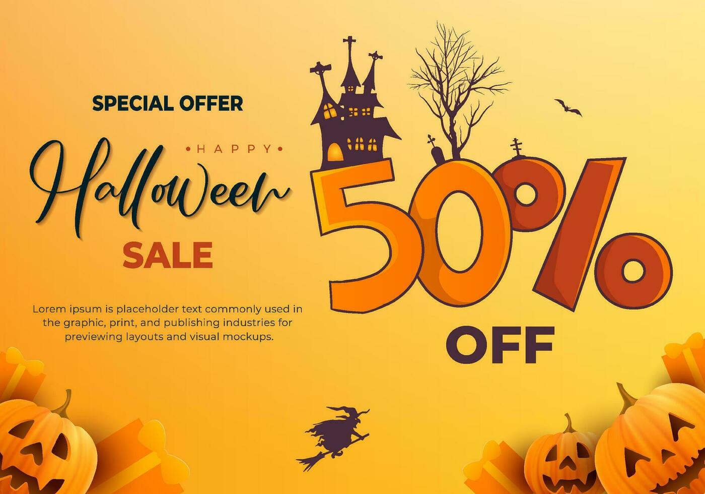 Happy halloween sale banner background with haunted house realistic pumpkins and illustration of text 50 vector