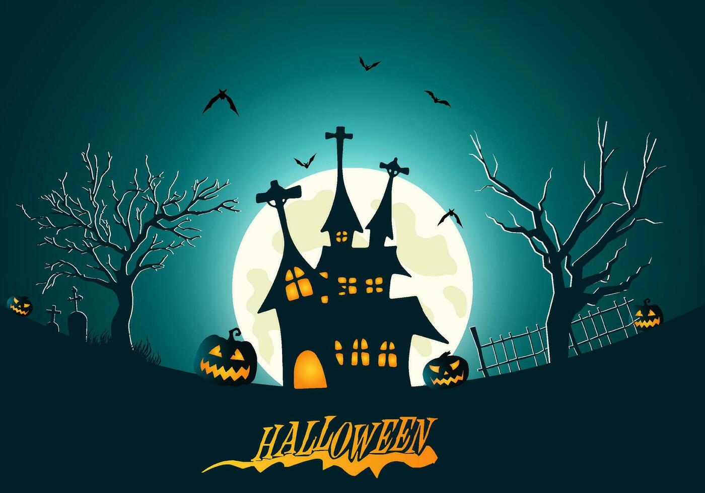 Halloween background flat illustration with silhouette of castle at glowing moon and dead trees vector