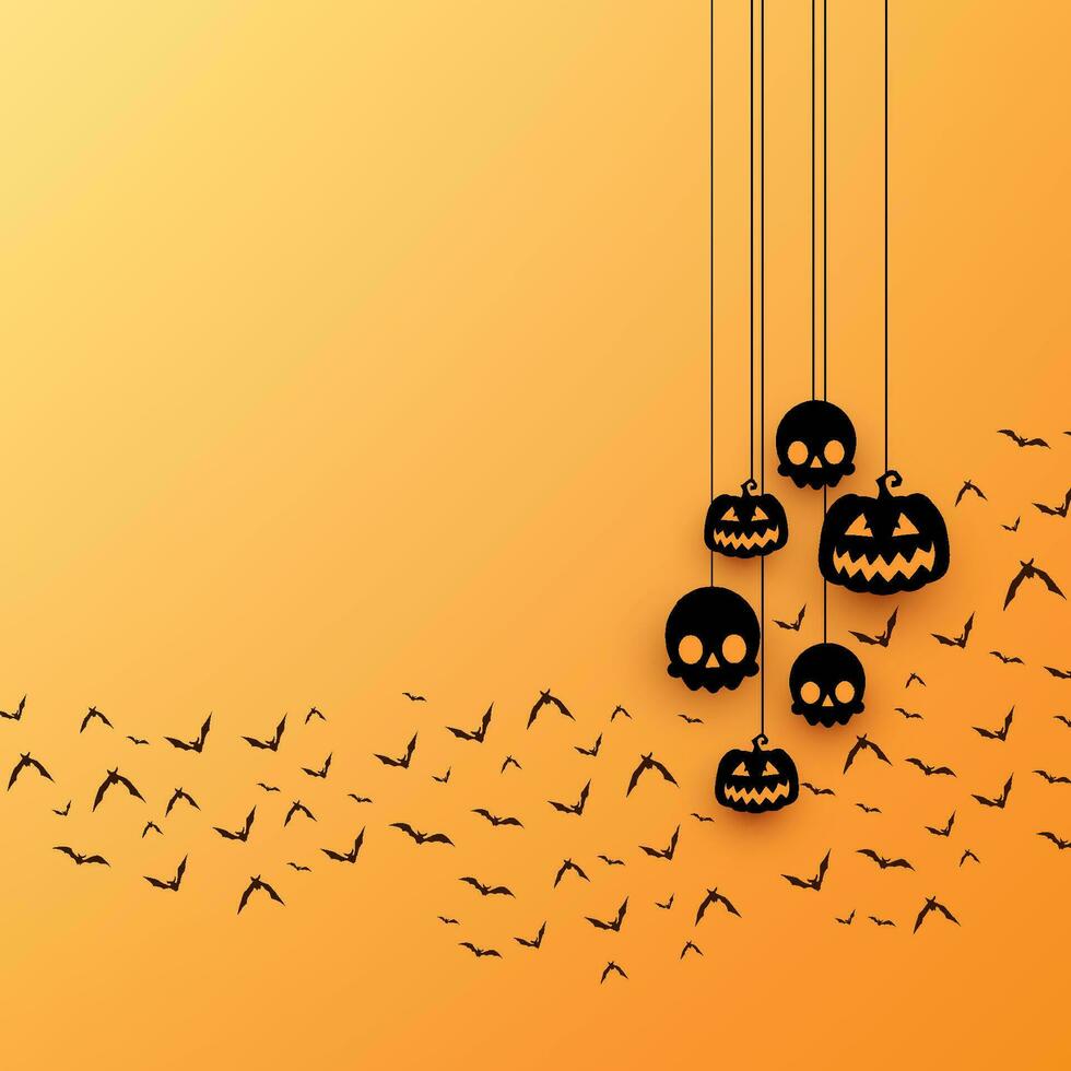 Happy halloween background with hanging pumpkins and flying bats on yellow background vector