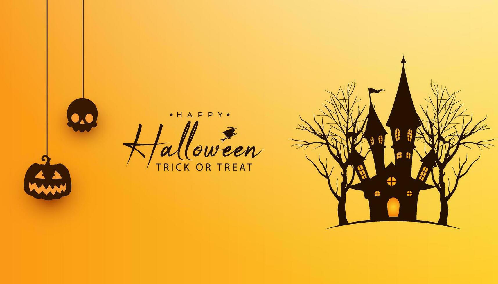 Halloween banner background with hanging halloween elements and Halloween house with dead trees vector