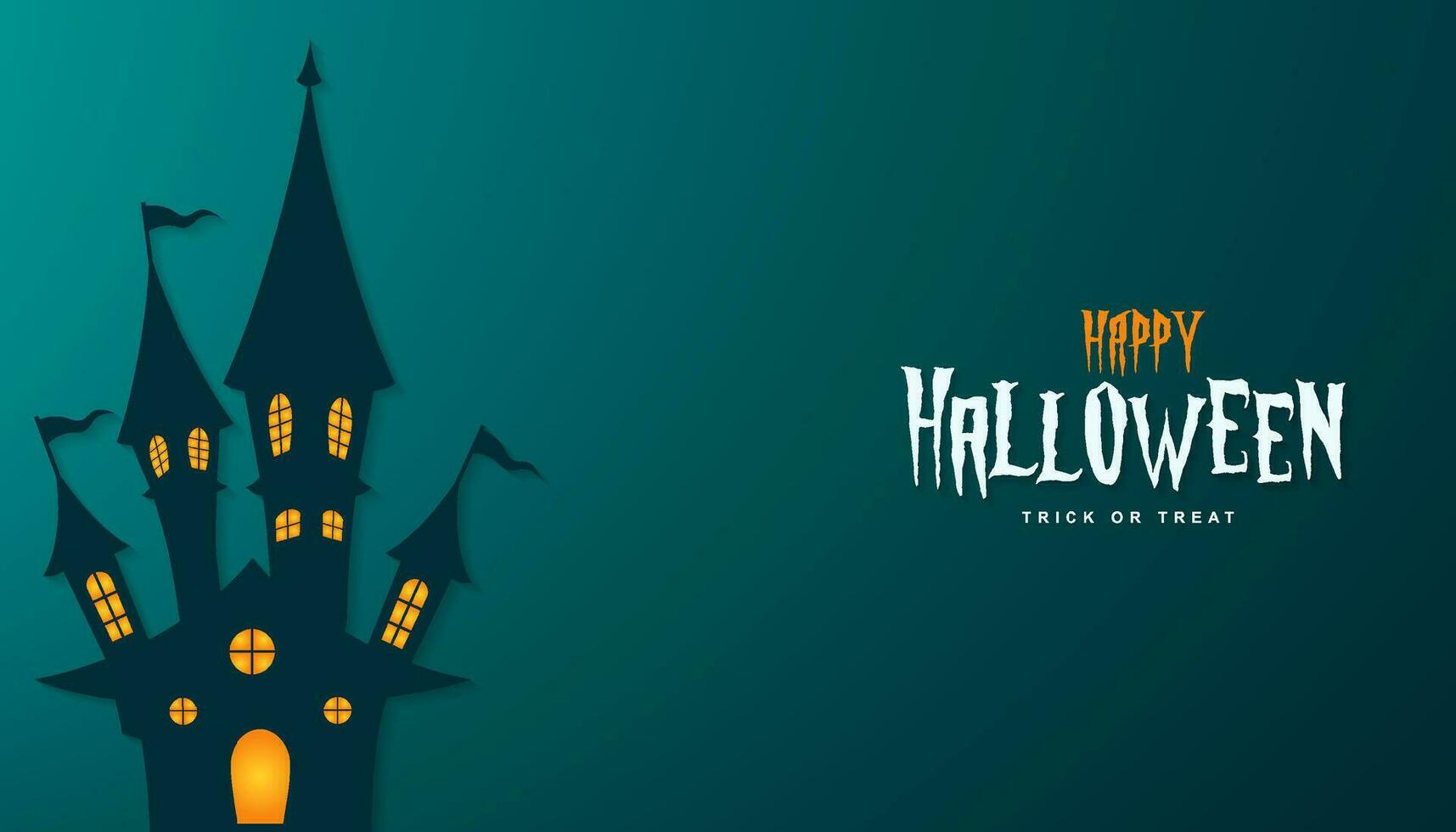Happy halloween banner illustration with halloween haunted house and halloween text vector