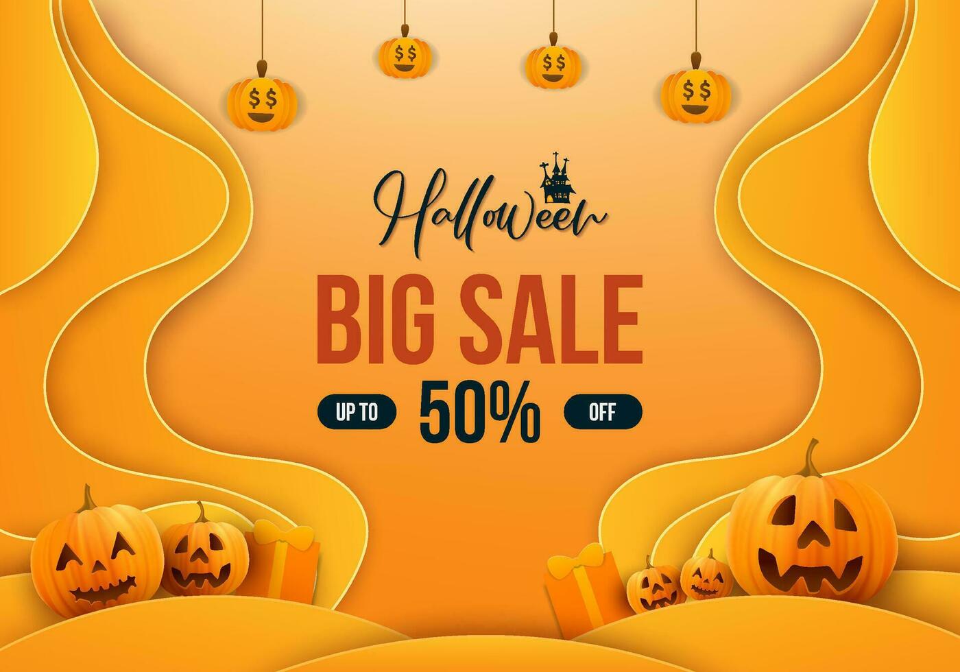 Happy halloween sale paper cut effect background with realistic pumpkins and gift box vector