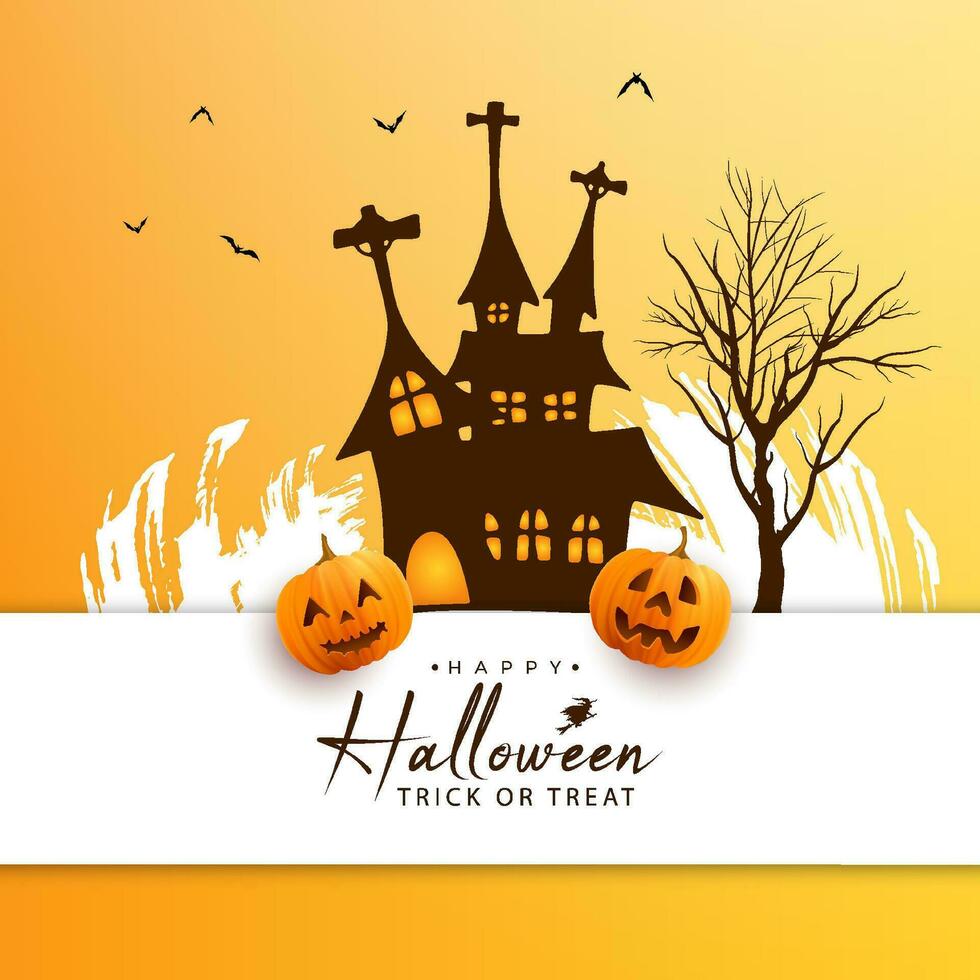Happy halloween card grunge brush stroke background illustration with haunted castle and pumpkins vector