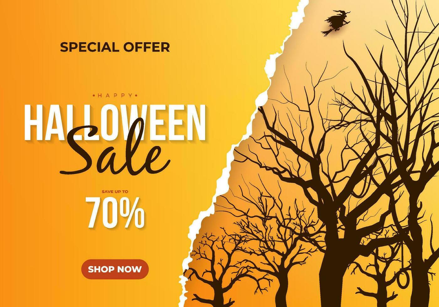 Halloween torn paper horizontal banner template for promotion with creepy dead trees vector