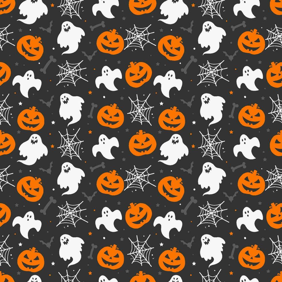 Happy halloween pattern with ghosts bones bats pumpkins and spiderwebs isolated on dark background vector
