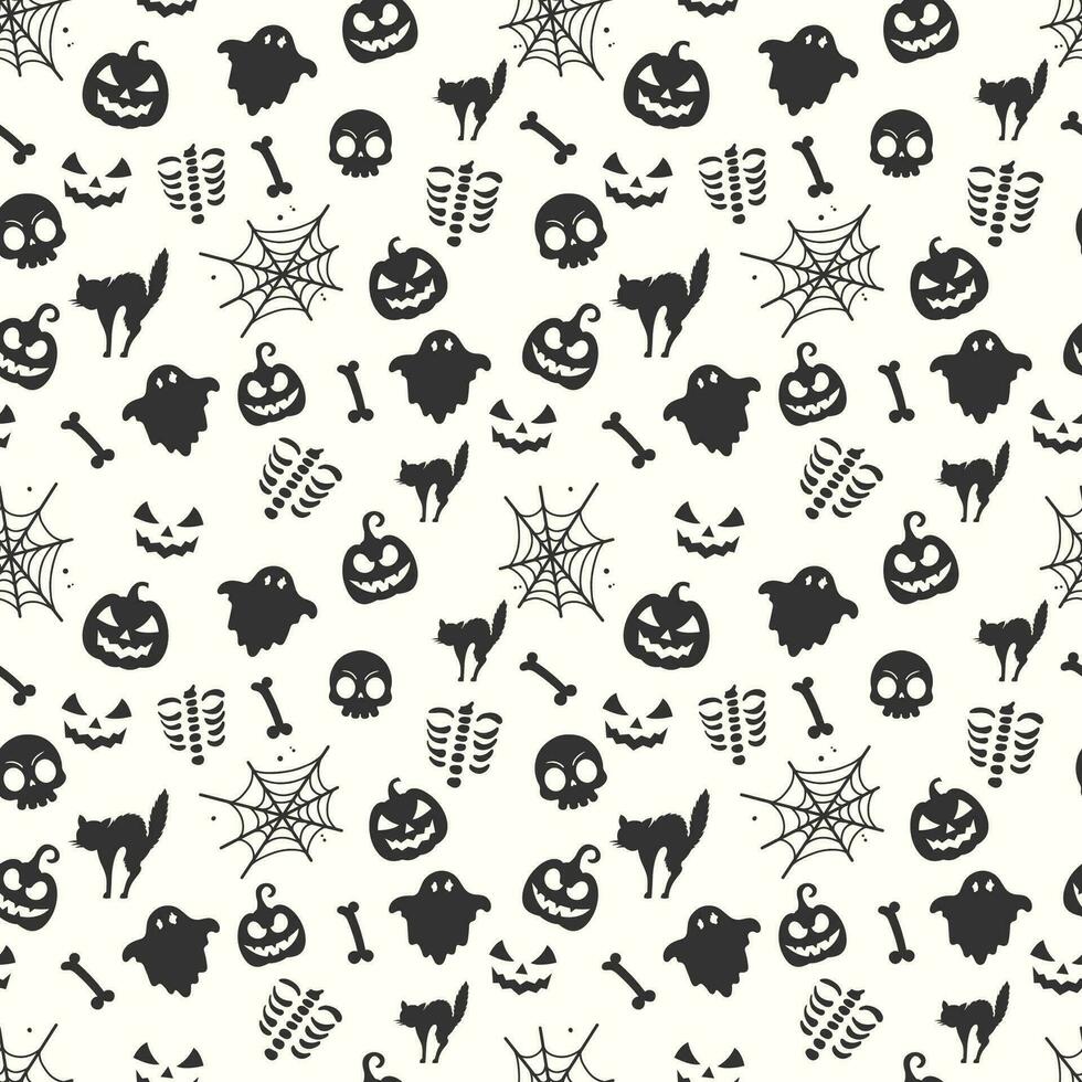 Happy halloween pattern with ghosts skeleton pumpkins cats and spiderwebs for background or wrapping paper design vector