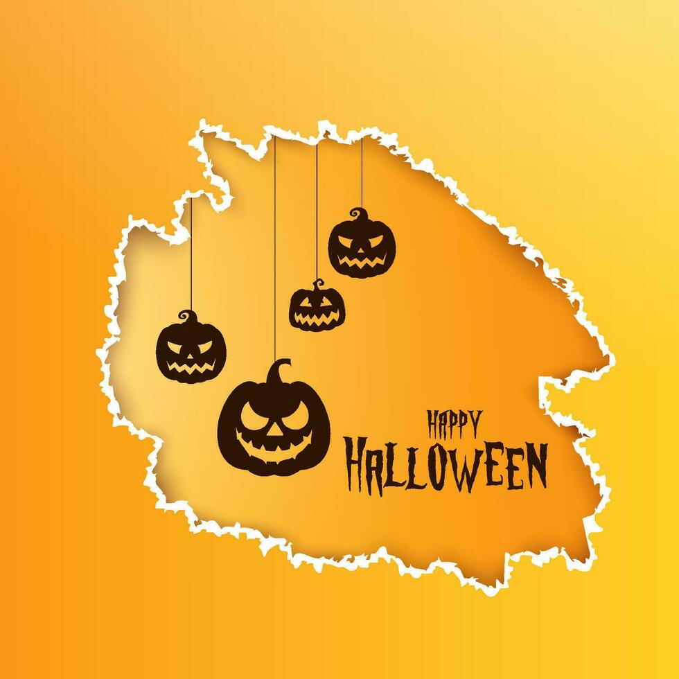 Happy halloween card torn paper effect background with hanging pumpkins with halloween wish text vector