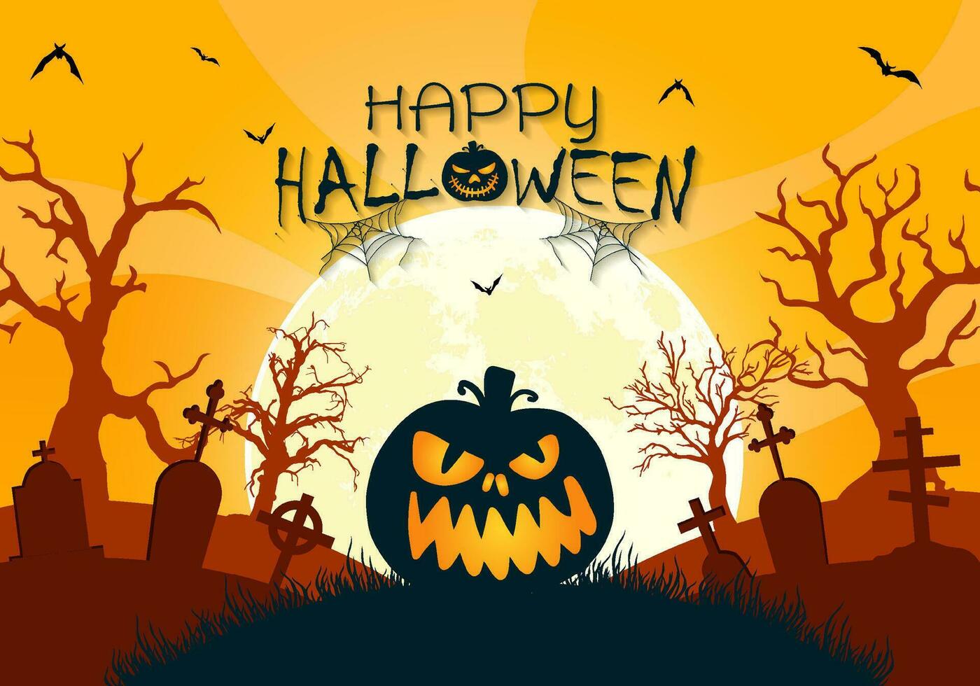Orange Background of halloween with creepy tree and scary pumpkins against a full moon vector