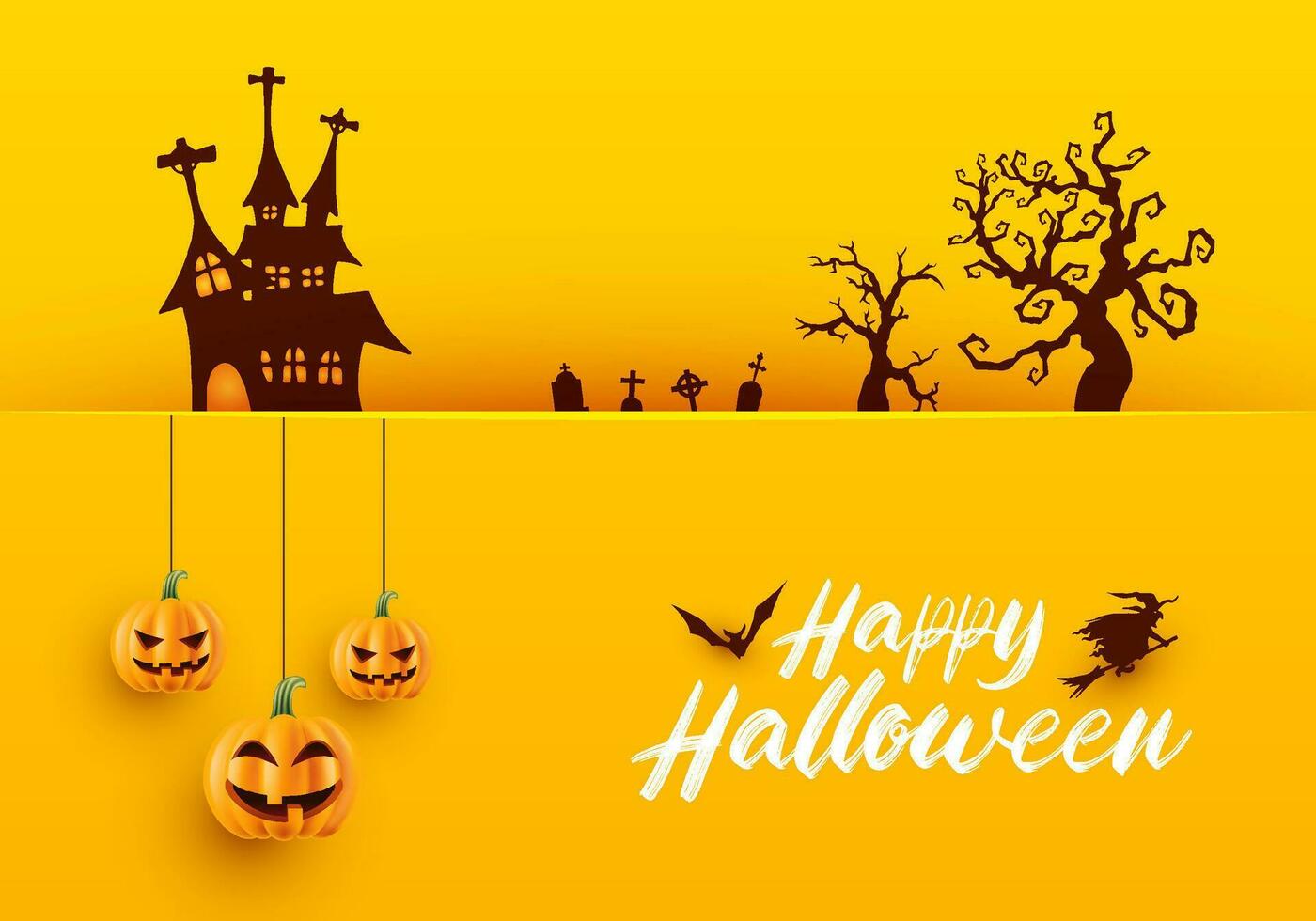 Happy halloween realistic background with hunted house pumpkins hand halloween trees isolated in yellow vector