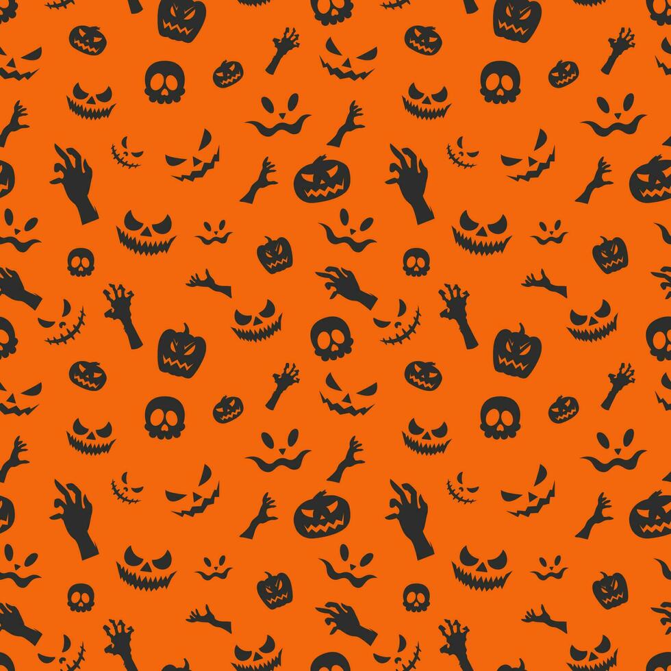 Halloween pattern with orange cute pumpkins flying bats skills and  scary faces isolated on black background vector