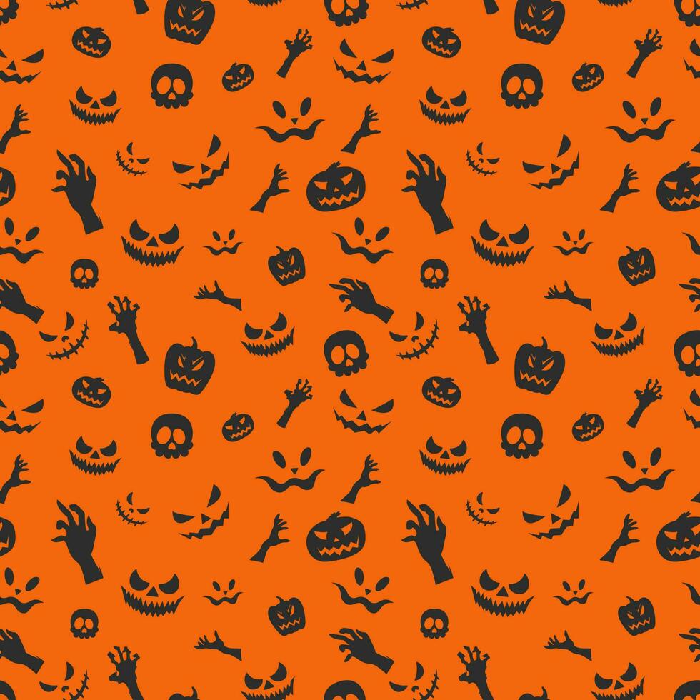 Halloween pattern with orange cute pumpkins flying bats skills and  scary faces isolated on black background vector