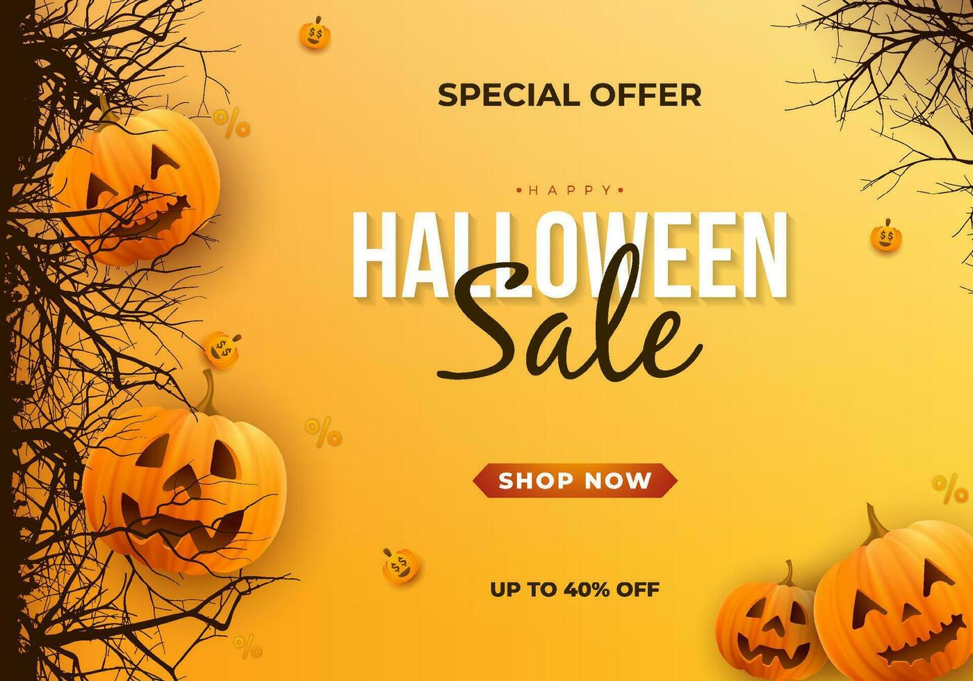 Happy halloween horizontal sale banner for promotion with realistic pumpkins and creepy dead tree brunches vector