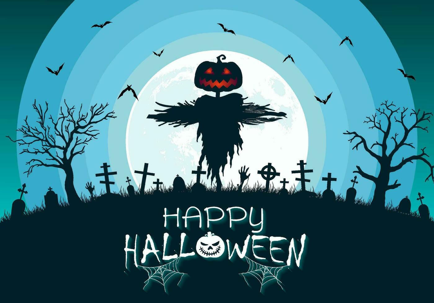 Happy Halloween background illustration with cemetery gravestones glowing moon and big scarecrow vector