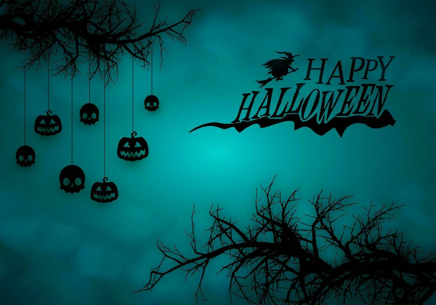 Happy halloween background with creepy dead tree branch hanging pumpkin and halloween text vector