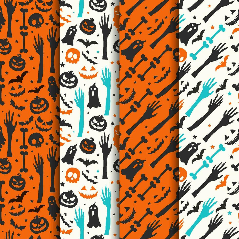 Halloween seamless patterns collection. Halloween pattern with pumpkins flying bats scary face ghost and skulls vector
