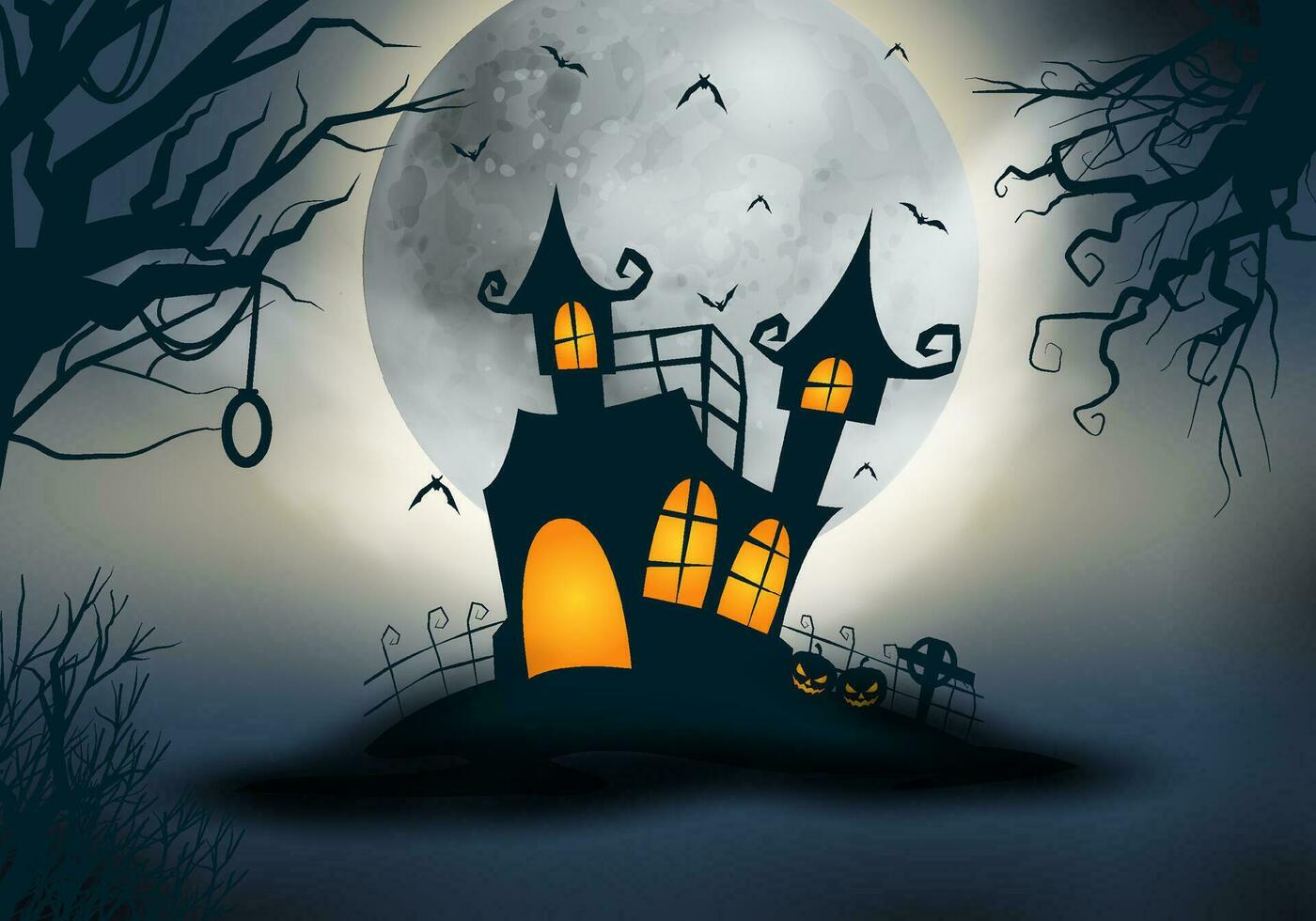 Halloween black and white background with spooky night and halloween haunted castle vector