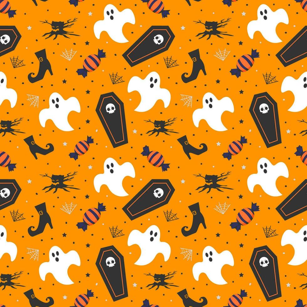 Halloween coffin and ghost pattern. Seamless pattern background vector