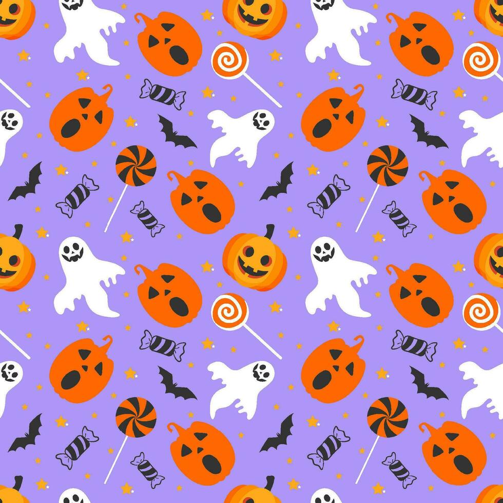 Halloween seamless pattern illustration with pumpkins and halloween ghosts vector