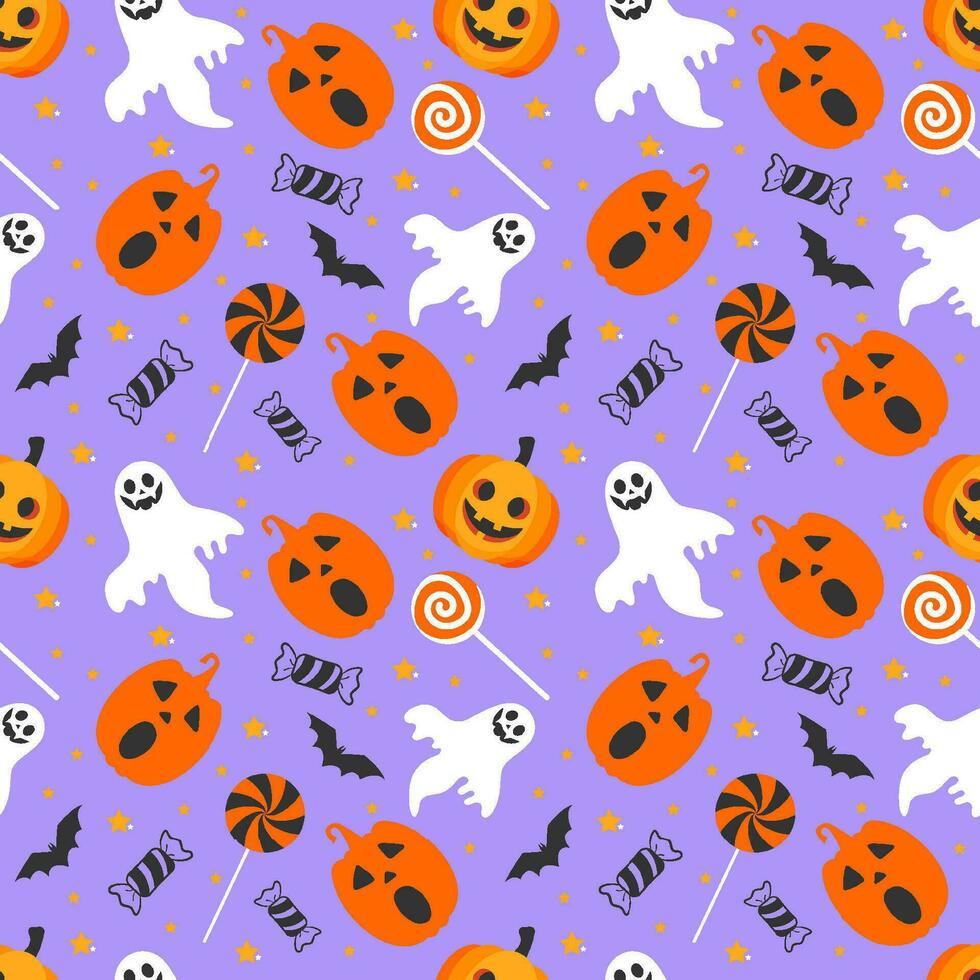 Halloween seamless pattern illustration with pumpkins and halloween ghosts vector