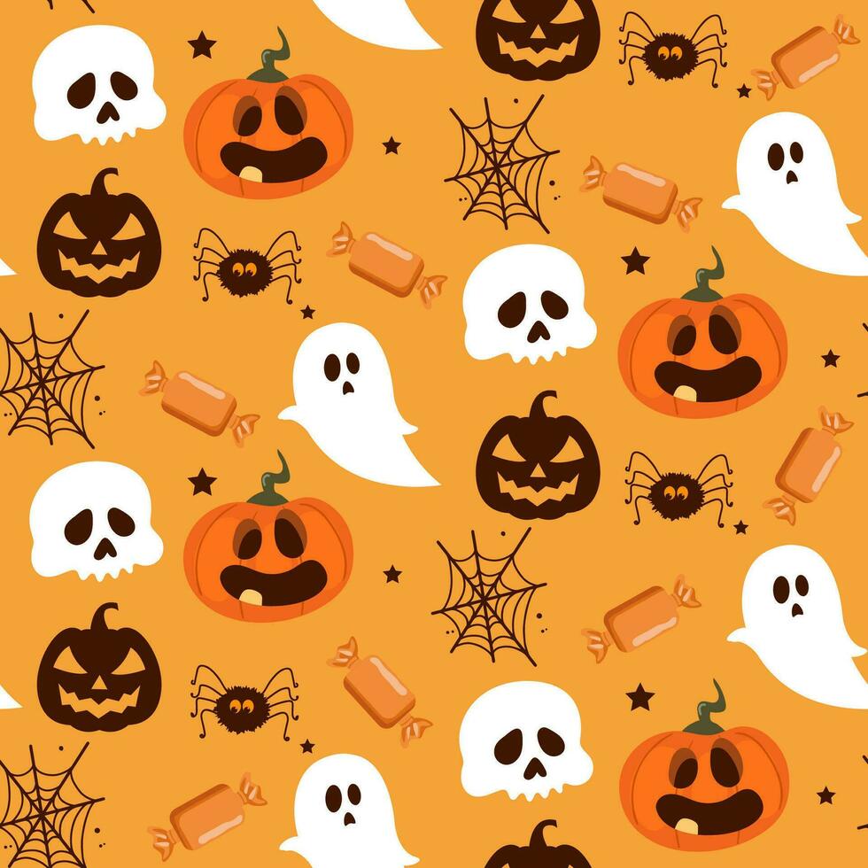 Halloween seamless pattern illustration with pumpkins and halloween ghosts vector