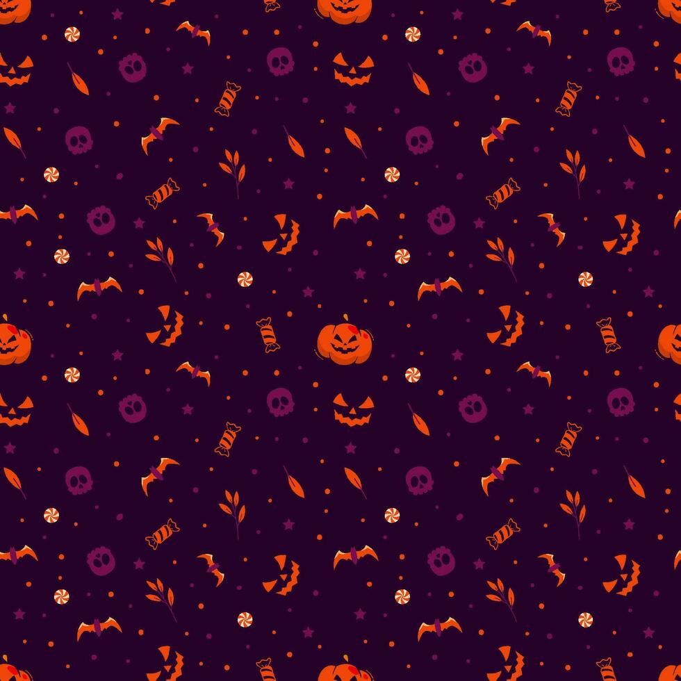 Dark background Halloween pattern with pumpkin skull and bats for wrapping paper. vector