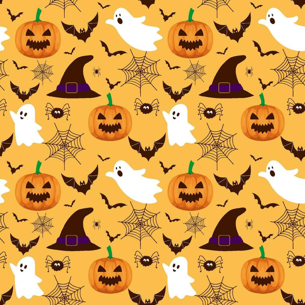 Halloween pattern background with pumpkin illustration and witch hats vector