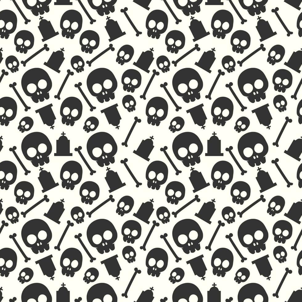 Halloween pattern with black and white halloween skull tombstone and bones vector