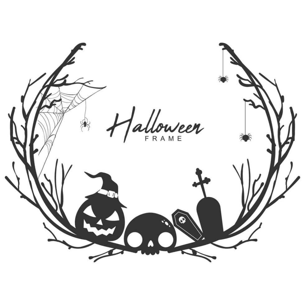 halloween black and white circular frame concept with tree branches and witch hat vector