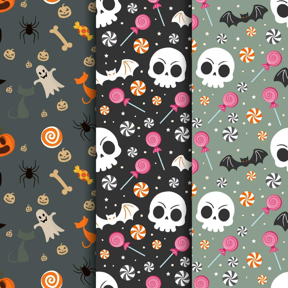 Halloween patterns collection with candy and skull vector