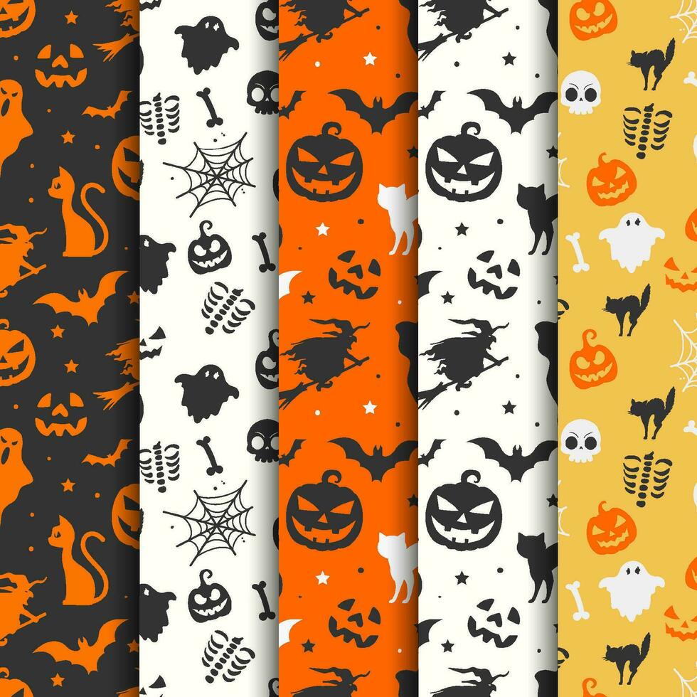 Halloween seamless patterns collection with ghosts cats pumpkins and witch vector